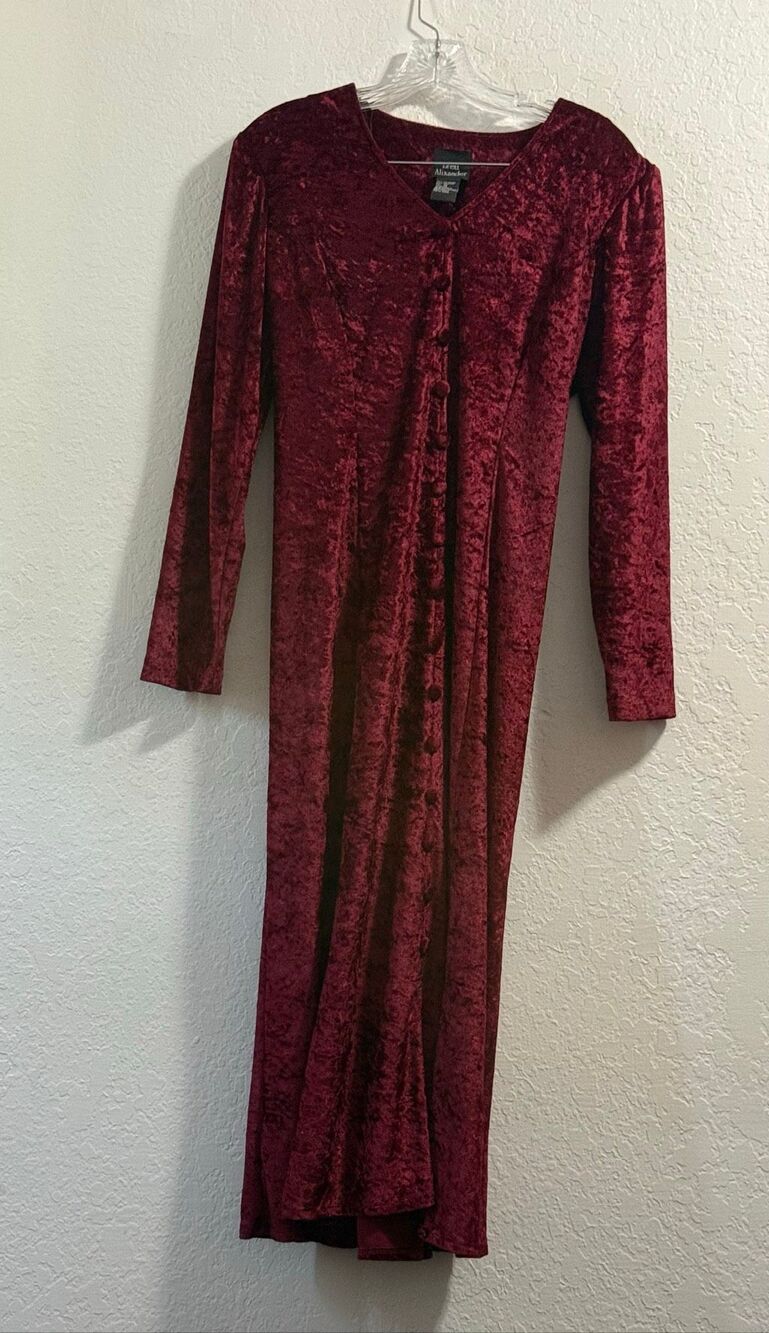 VTG Brett Alixander Womans Crushed Velvet Dress Size 14 Maroon Tie Back